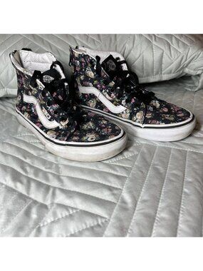 Girls Vans Off The Wall Floral High Tops SZ 1.5 Zipper Back Tie Black